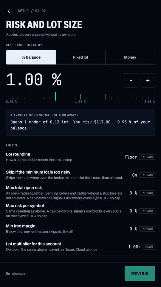 Nexus Copier app: Risk limits in a few taps