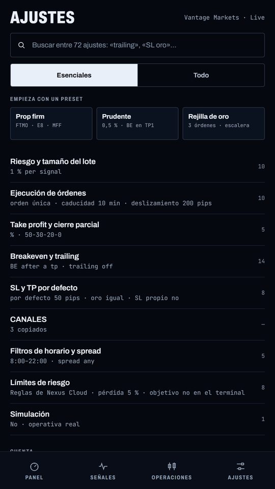 App de Nexus Copier: Tu terminal y tus reglas