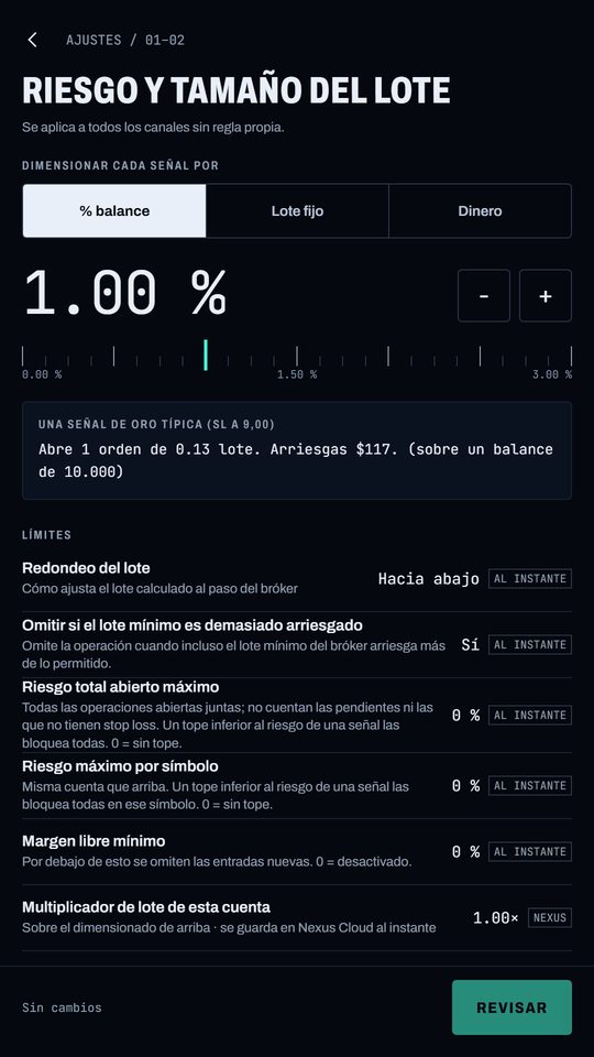App de Nexus Copier: Límites de riesgo en pocos toques